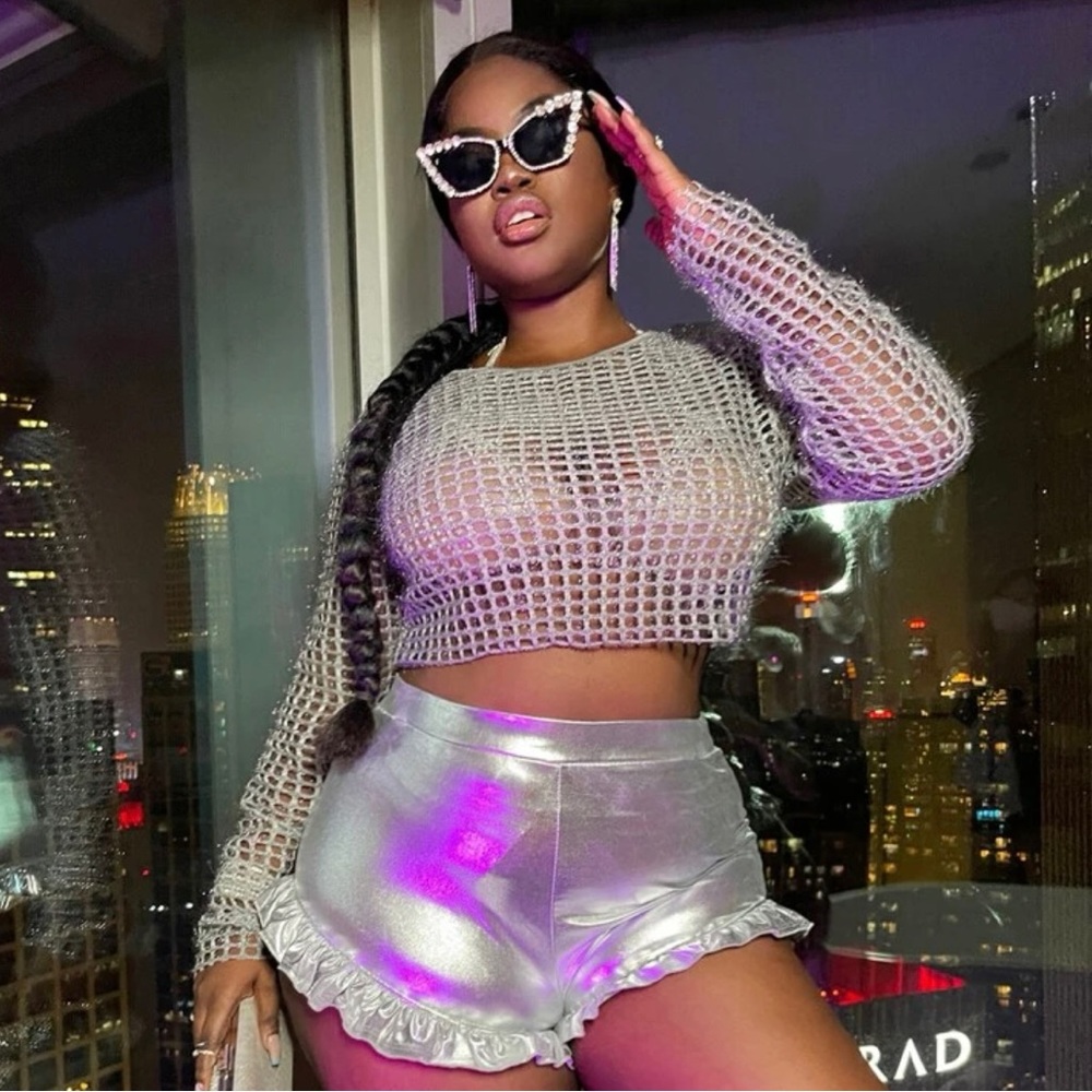 Plus Sexy Silver Glitter Hollow Out Crop